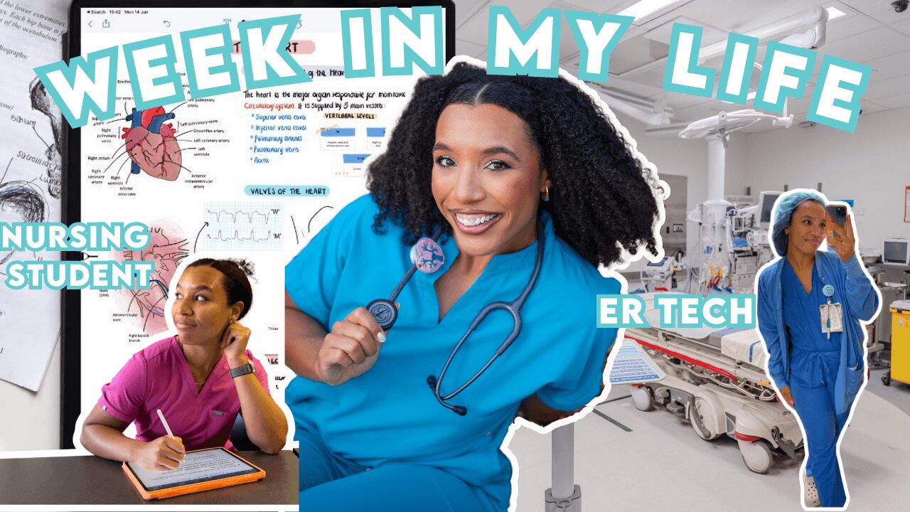 Smiling nurse in blue scrubs holding a stethoscope in a hospital room with medical equipment, two other healthcare workers, and a colorful background.