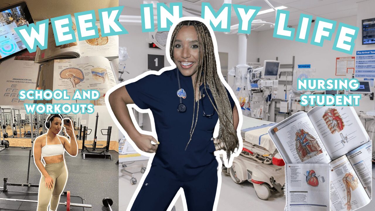 Nursing student in scrubs smiling, gym scene, and medical books, with text 'Week in My Life' and related labels.