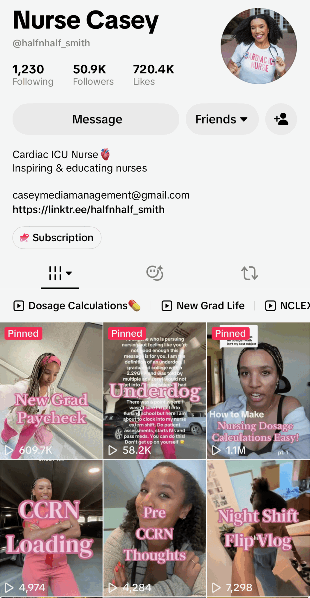 Screenshot of Nurse Casey's social media profile with posts about medical topics and skincare.