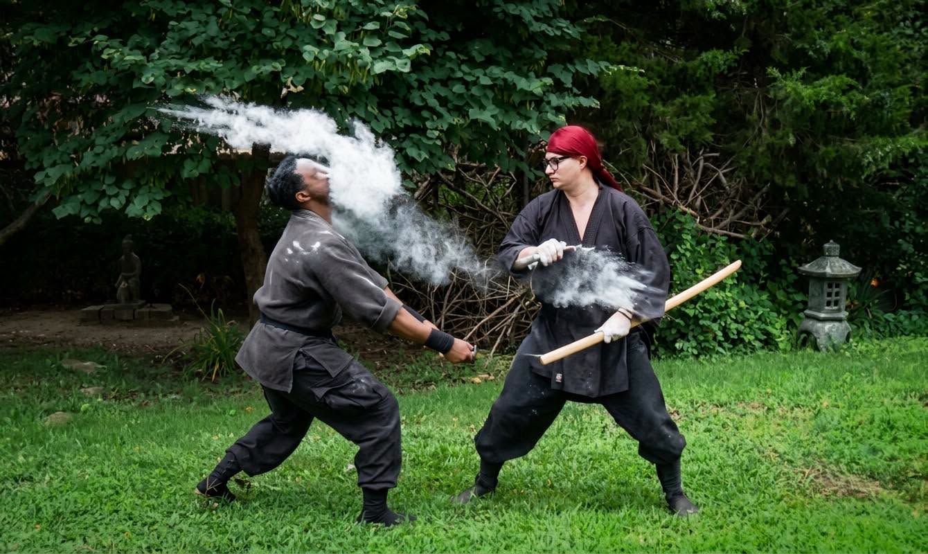 Two people practicing martial arts outdoors, holding sticks and wearing traditional clothing, with trees in the background.