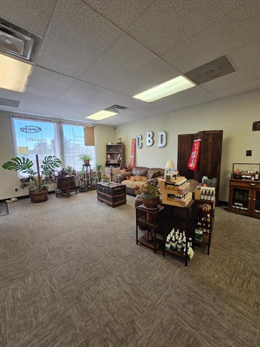 Indoor room with furniture, plants, and decorations, including a window with a view outside, and various items on shelves and tables.
