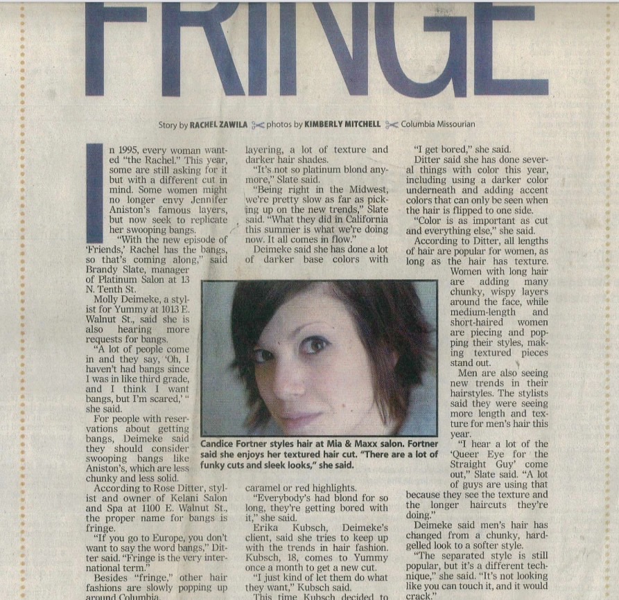 Close-up of a young woman with short dark hair, looking at the camera, in a newspaper article layout.