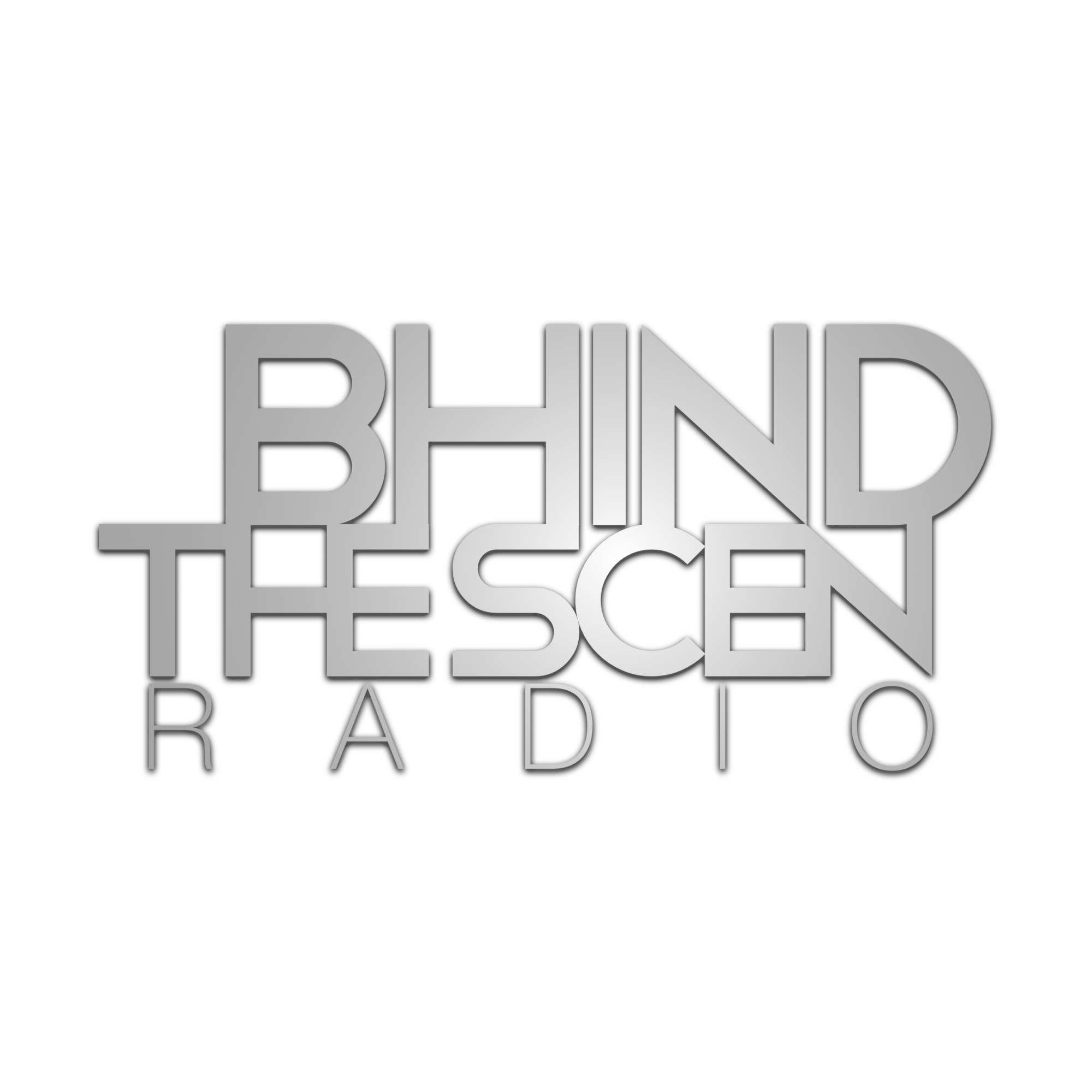 Logo with text 'Behind The Scene Radio' in gray on black background.