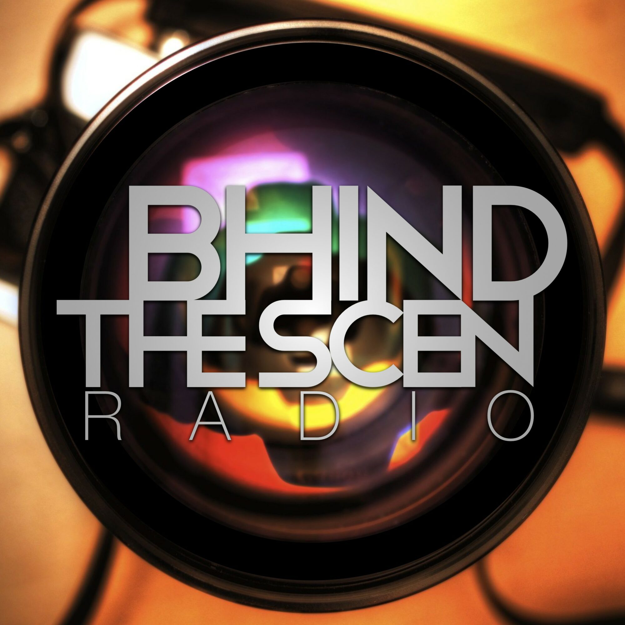 Close-up of a camera lens with the text 'BIND THE SCENE RADIO' overlaid, colorful reflections on the lens surface.