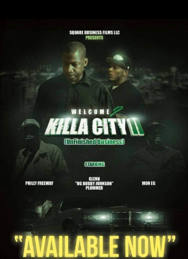 Dark poster with two men, cityscape background, text about Killa City, and a car at the bottom, promoting availability.