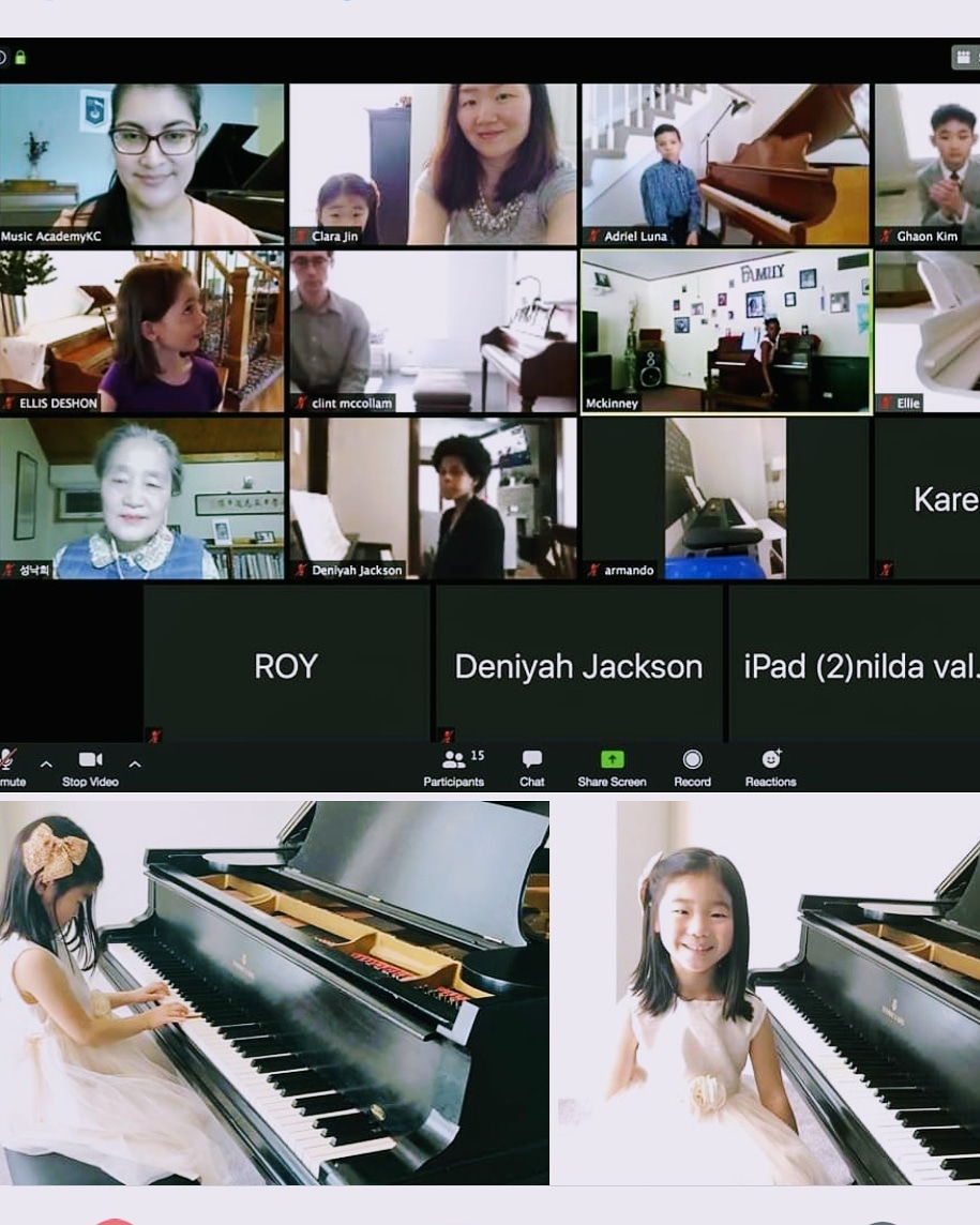 Zoom video call with children and adults, some at pianos, smiling, in various indoor settings.