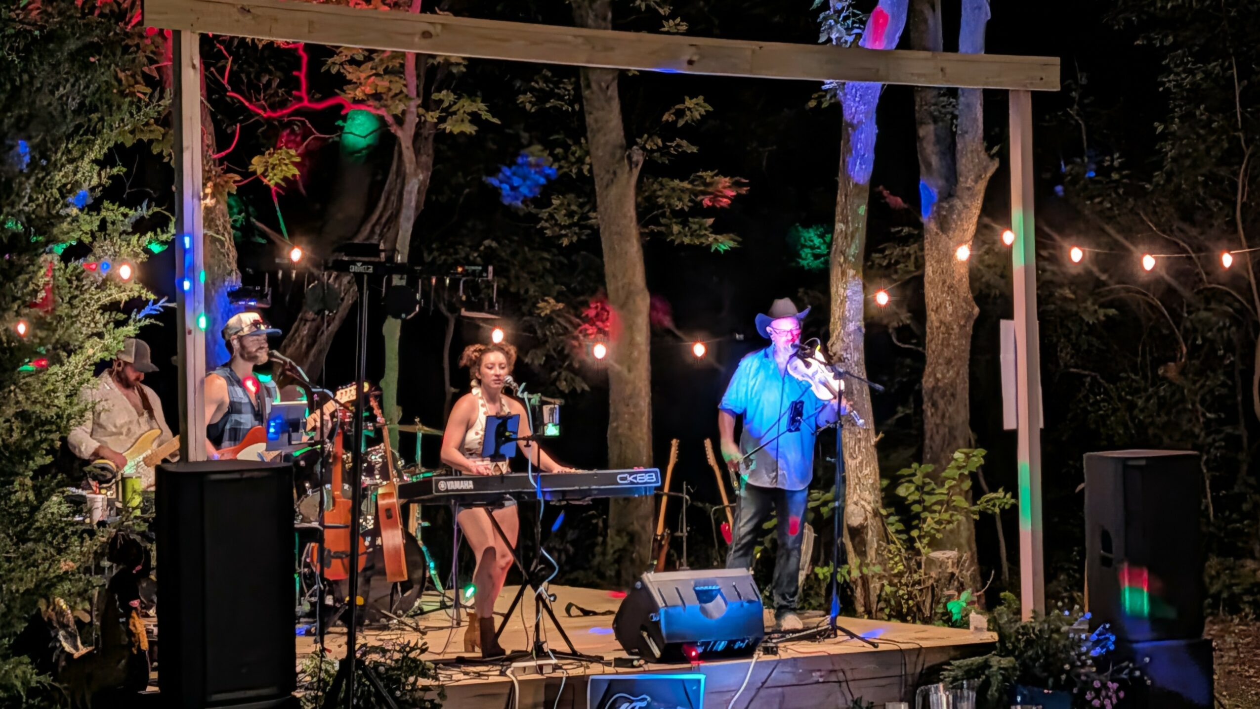 Musicians perform on an outdoor stage at night with string lights and trees in the background.