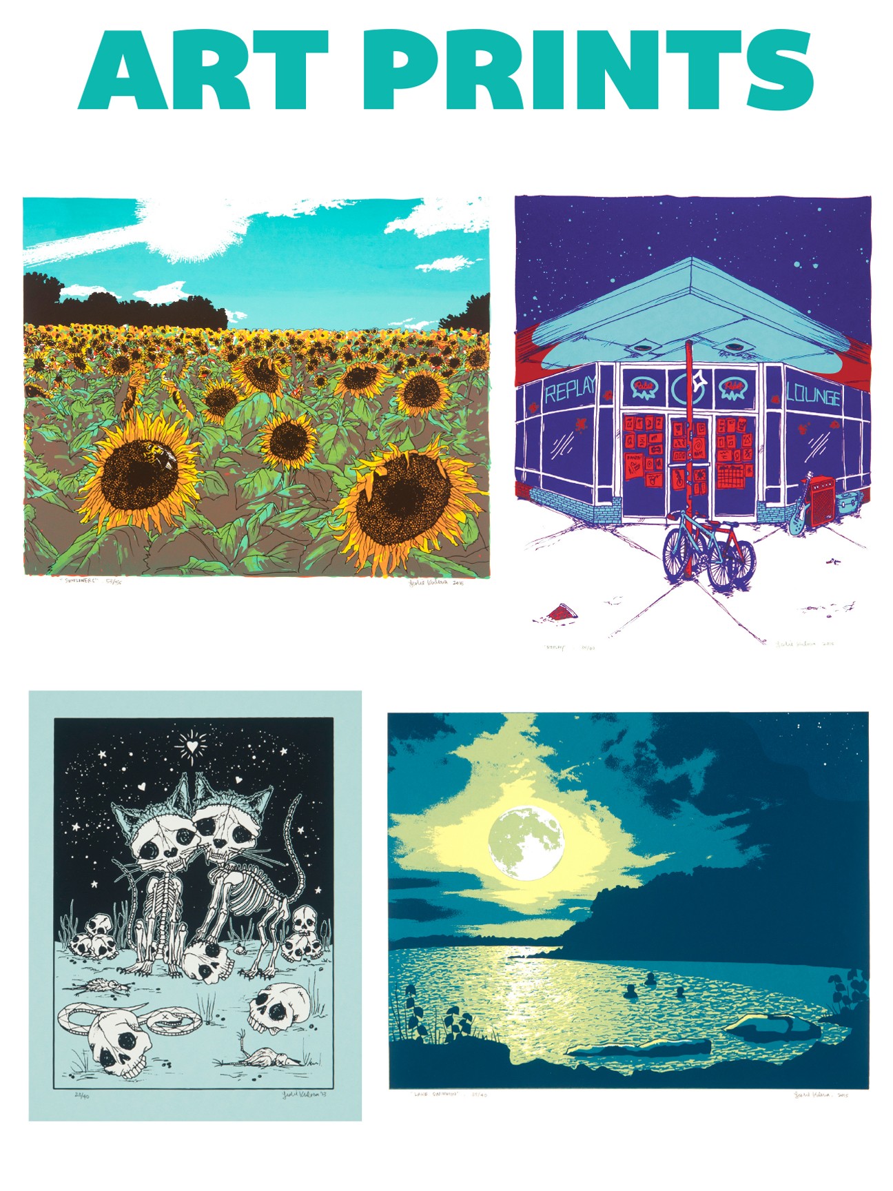 Four art prints: sunflower field, building with bicycles, skeletons with skulls, moonlit ocean scene.