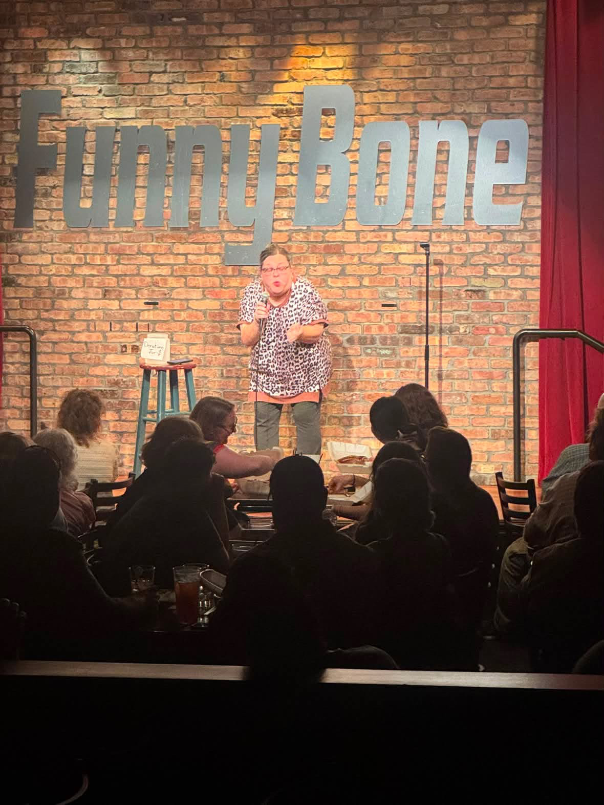 Stand-up comedian performing on stage with a brick wall background and audience seated in front.