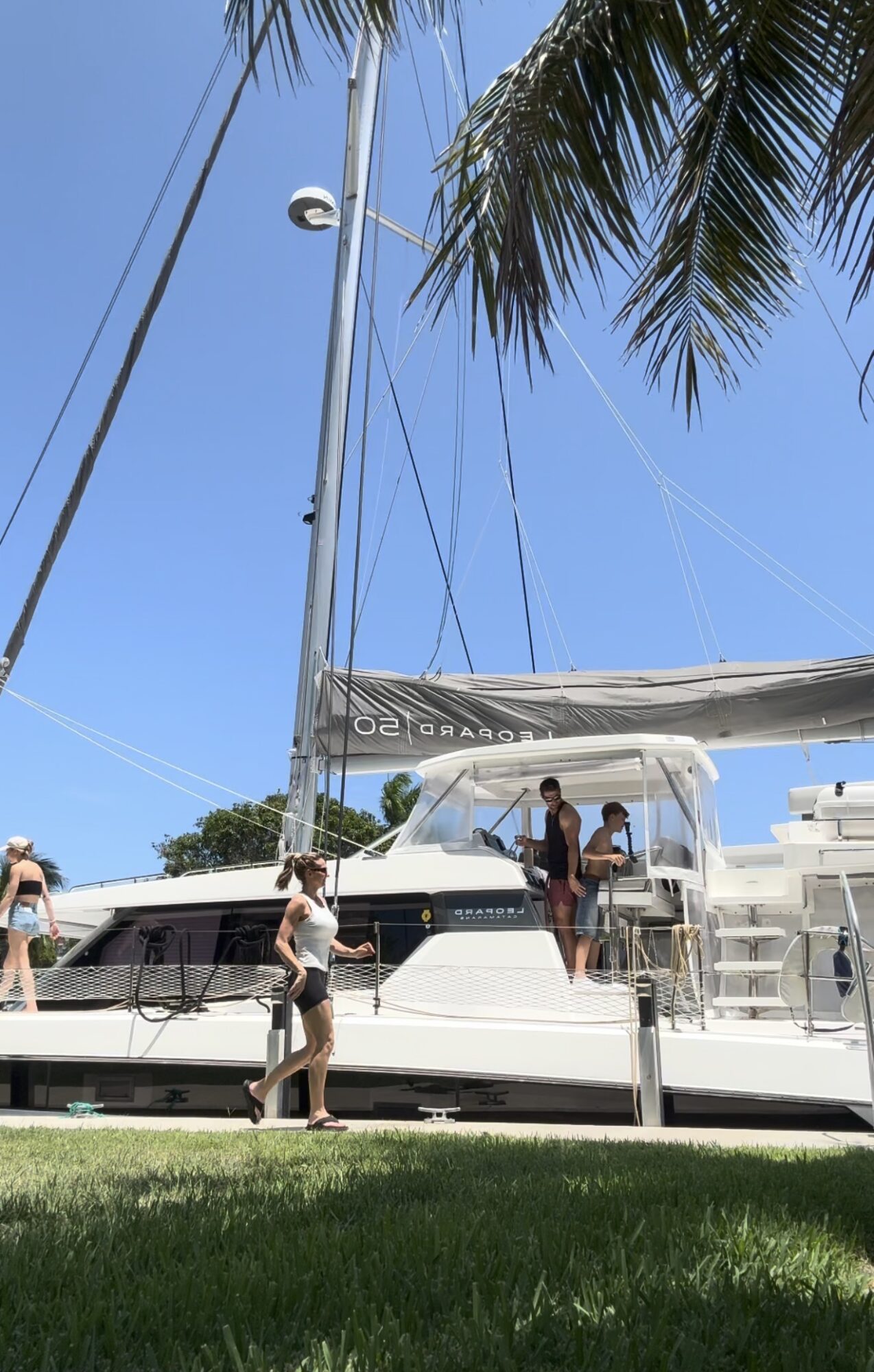 People standing on a dock near a large white yacht with a tall mast, palm tree leaves overhead, and a clear blue sky.