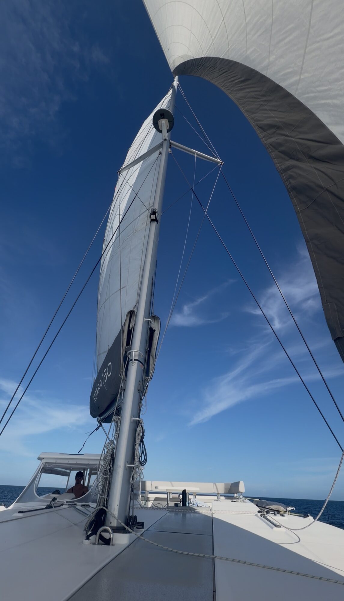 View from below of a sailboat's mast, sails, and rigging against a blue sky with some clouds.