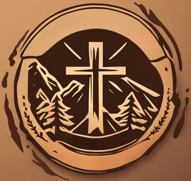 A cross surrounded by mountains and trees, with radiating lines, inside a circular design.