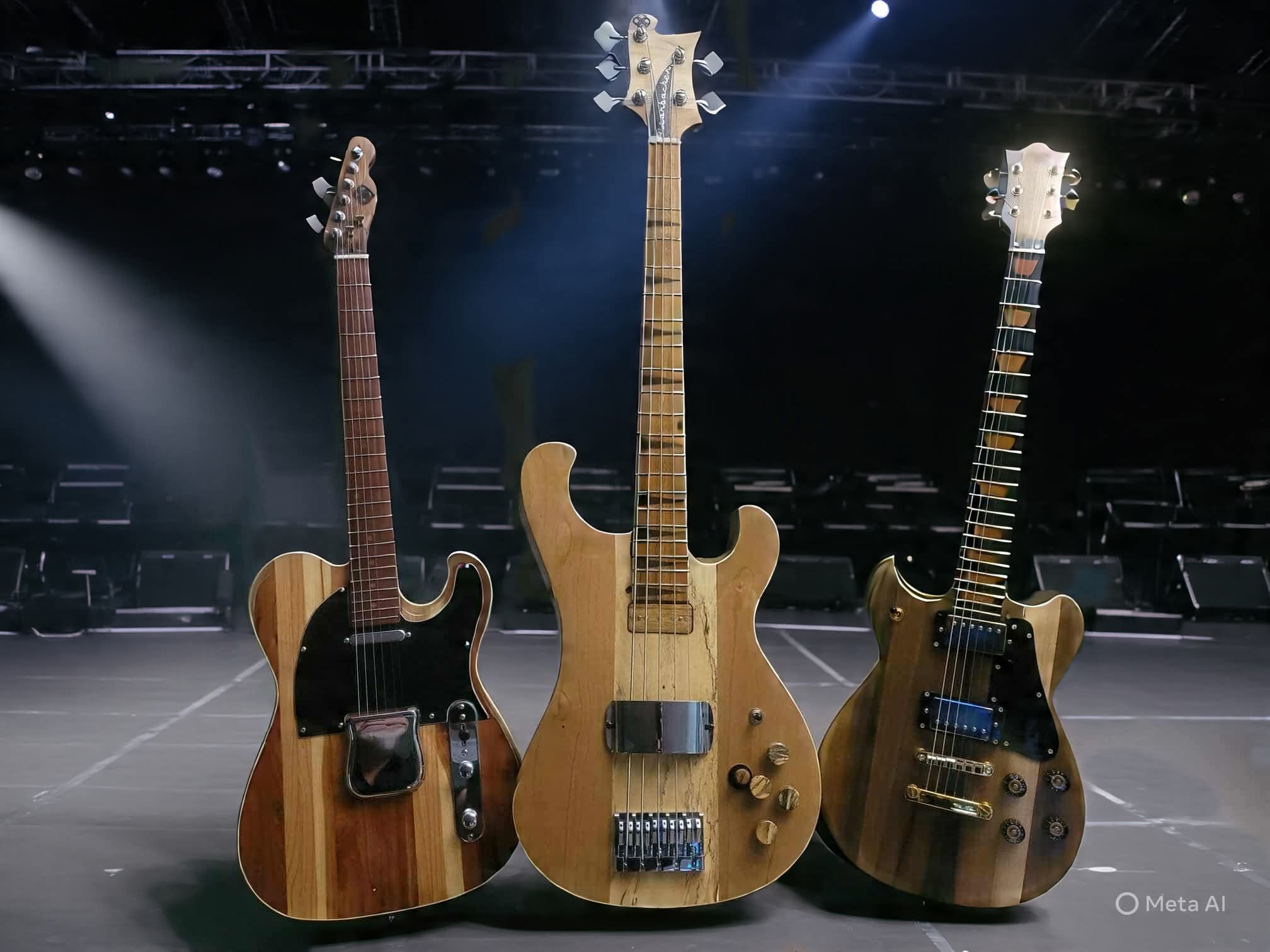 Three electric bass guitars on a stage, with dark background and stage lights, different shapes and wood finishes.