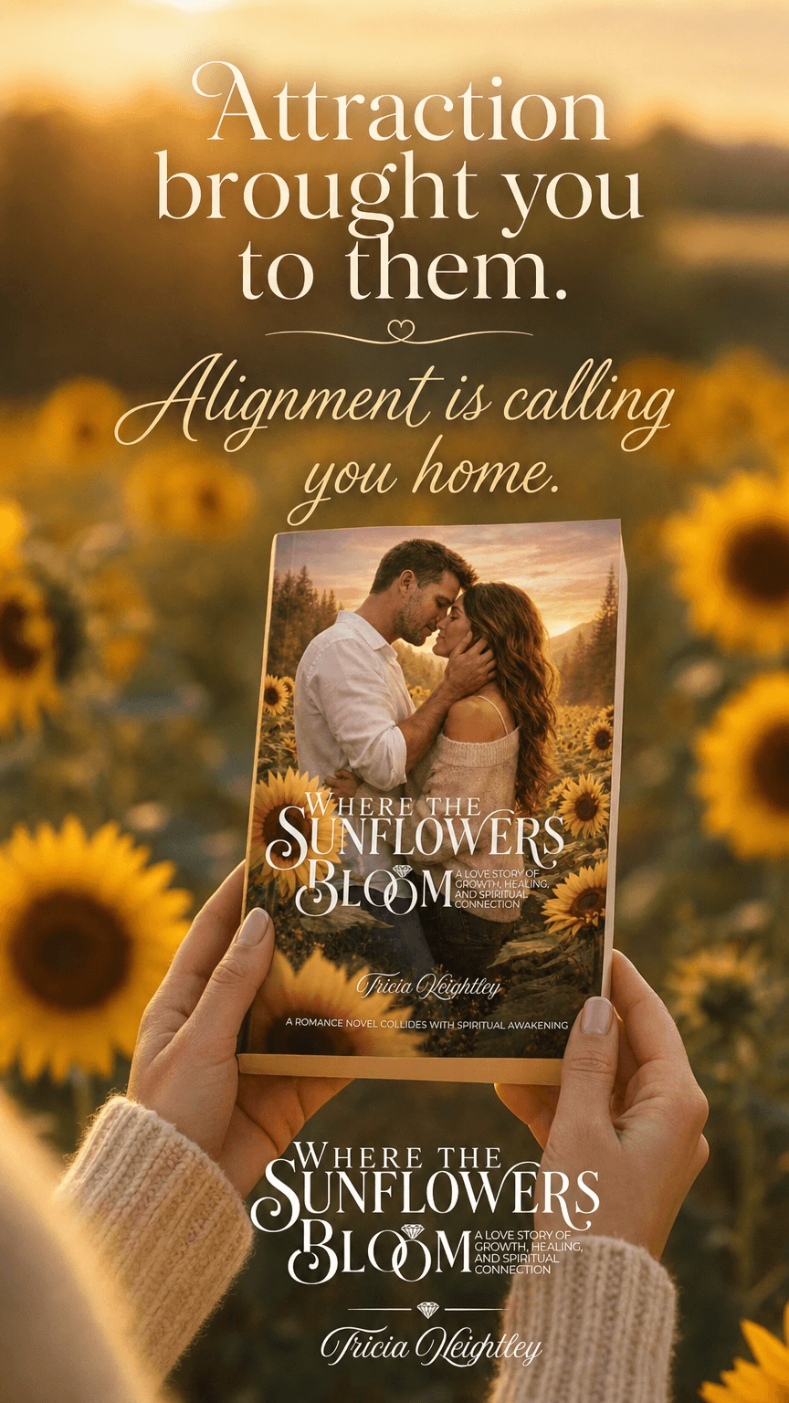 Person holding a book titled 'Where the Sunflowers Bloom' in a sunflower field, with text about attraction and home.