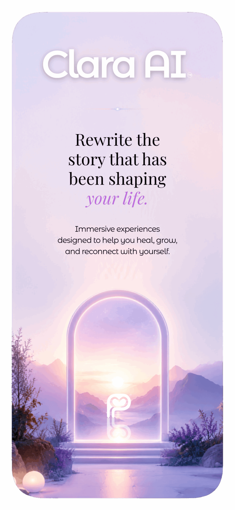Screen displays Clara AI with a pastel purple background, an archway, and a glowing figure, with text about rewriting stories.