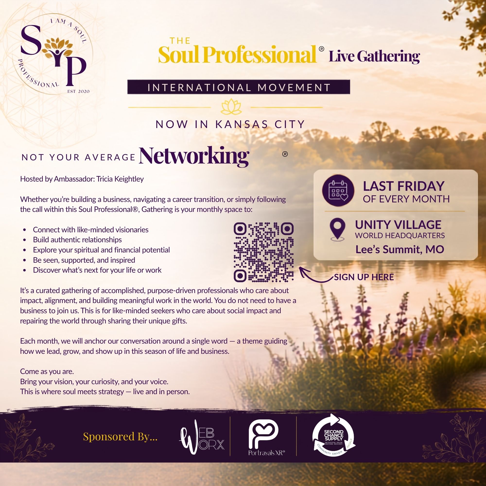 Event flyer for Soul Professional Live Gathering in Kansas City, featuring networking, sponsors, and event details.