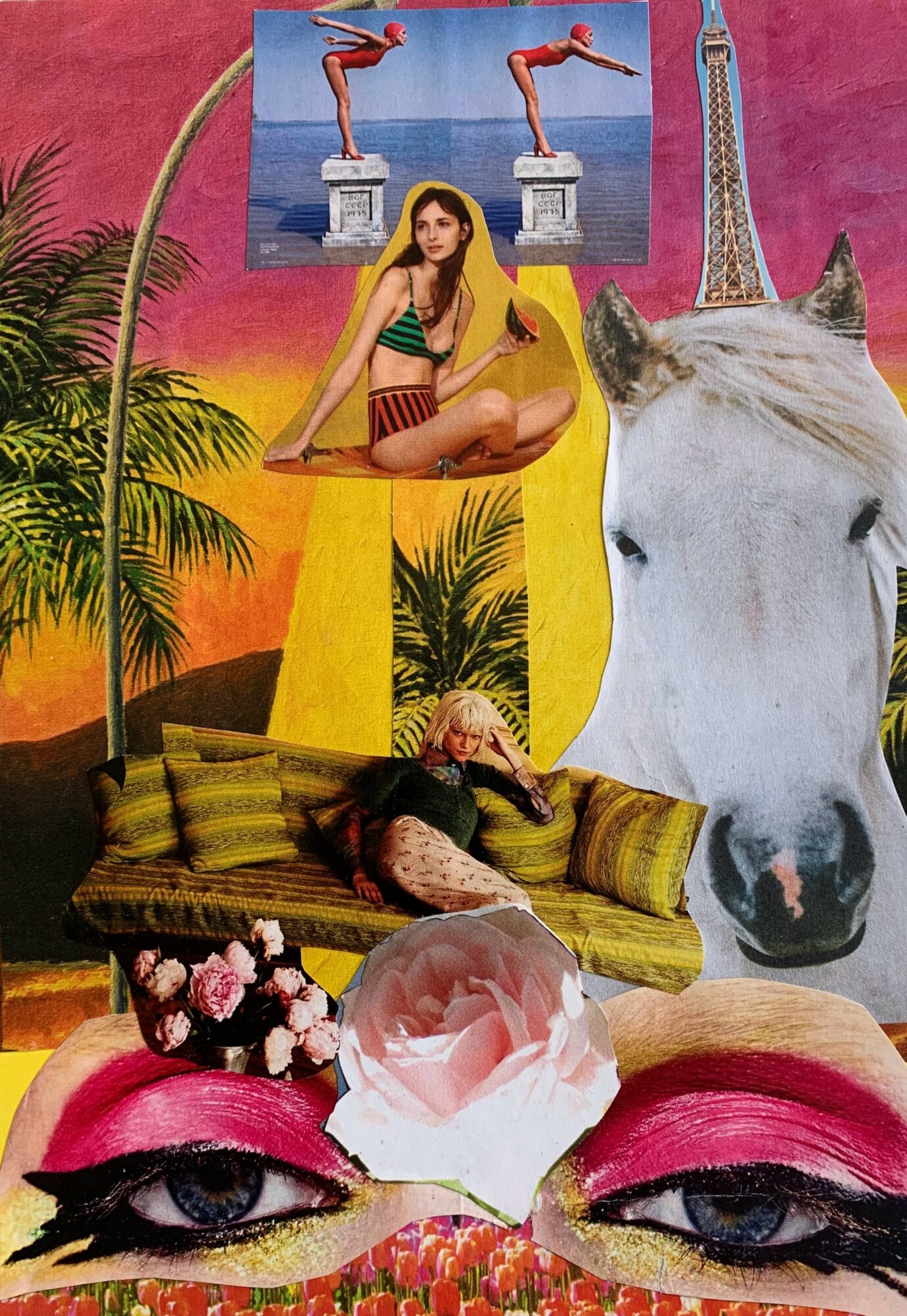 Collage with a woman on a yellow platform, a horse's head, a large eye with pink makeup, and a sunset background.
