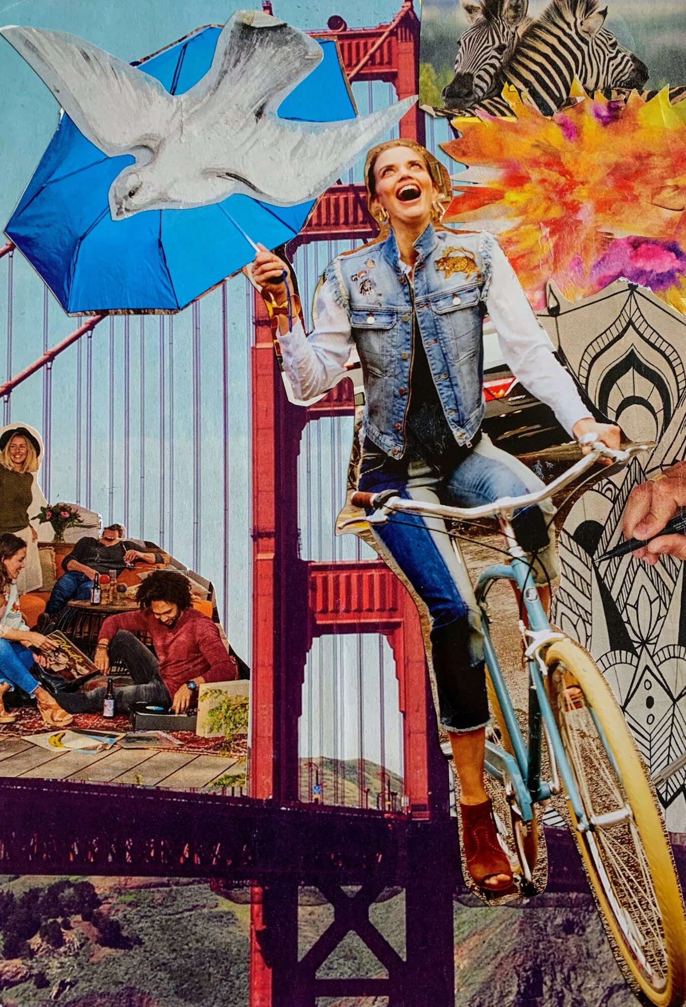 Woman riding a bicycle on a bridge with a colorful background, including a flying bird, people, and abstract art.