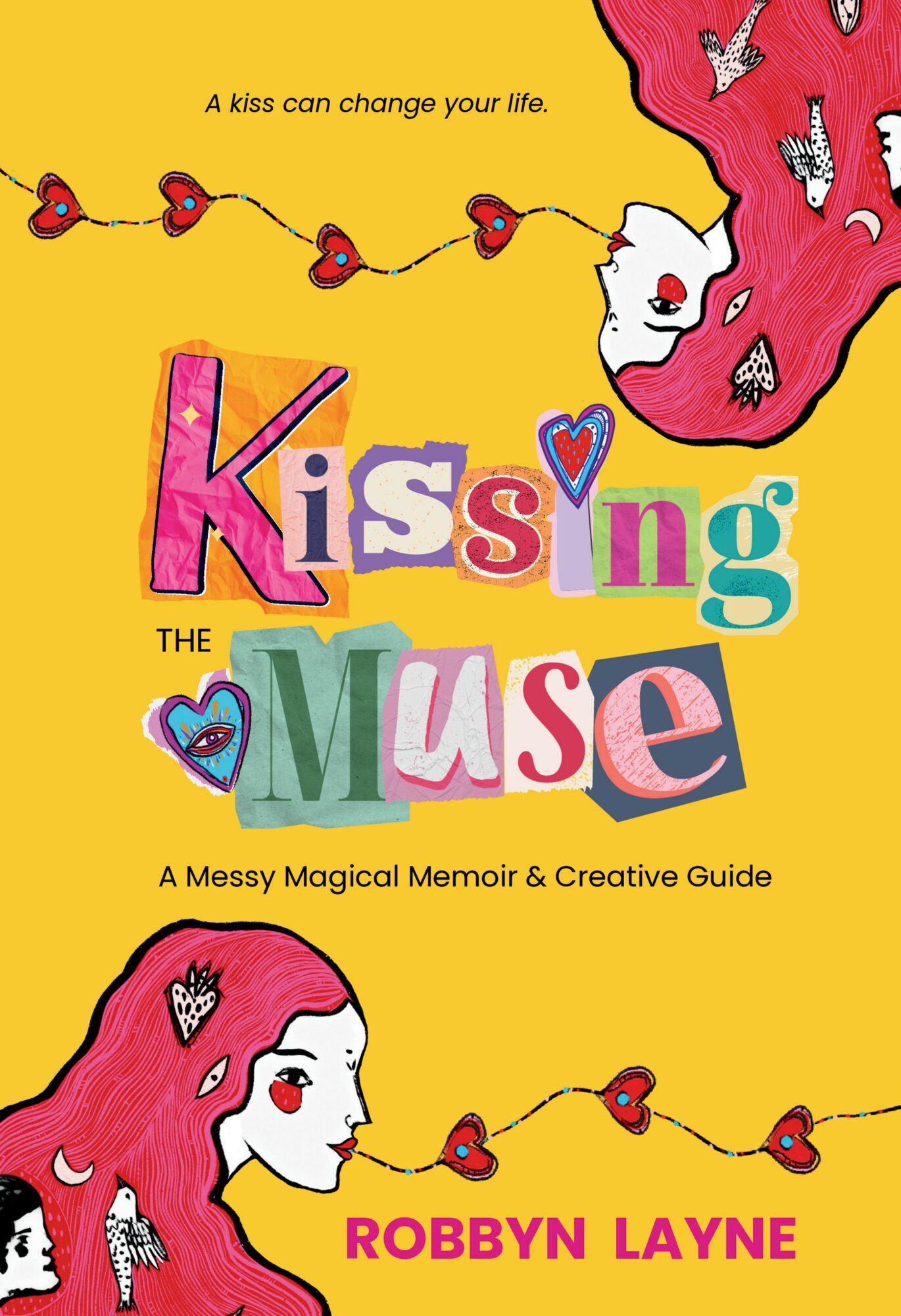 Book cover with a yellow background, colorful title, and illustrations of two women with red hair and hearts. Subtitle and author's name included.