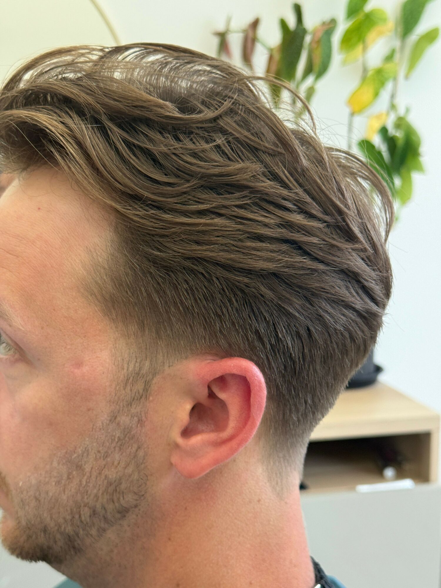 Close-up of a person's head with styled hair, showing the side and back of the head, in an indoor setting.
