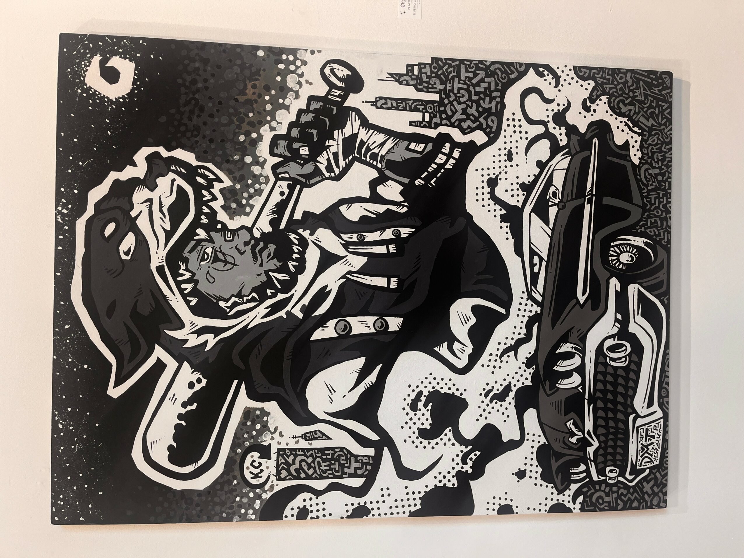 Black and white illustration of a person with a tiger head, holding a gun, with a car and cityscape in the background.