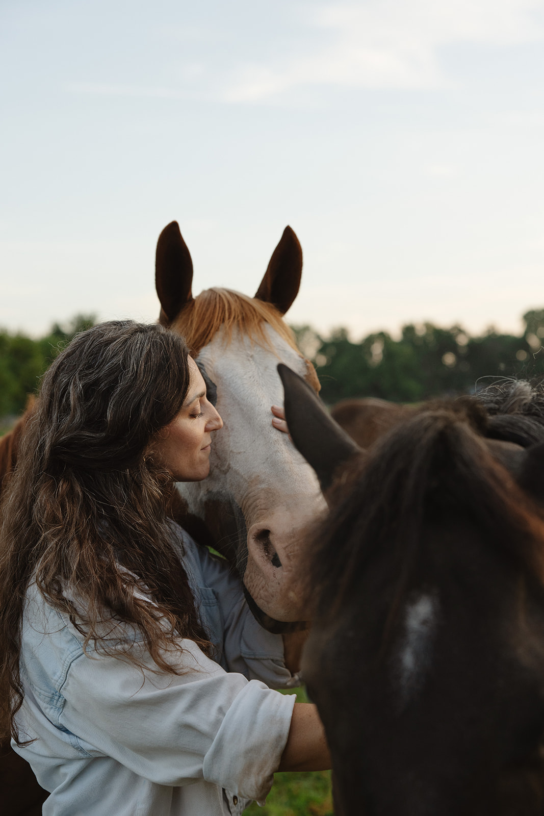 Woman with long dark hair gently touching a light-colored horse's face outdoors, with other horses nearby and trees in the background.