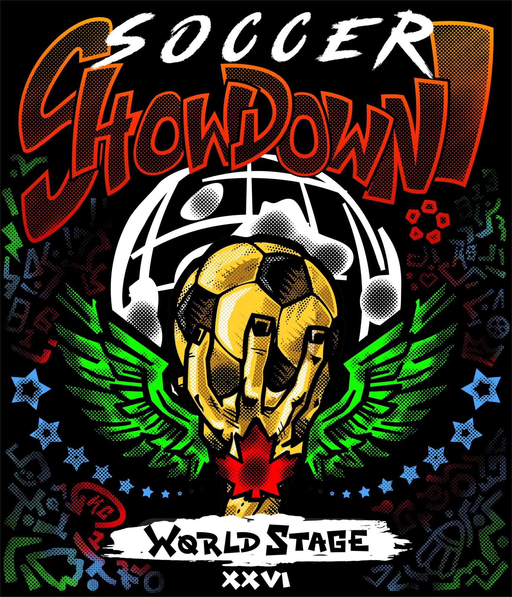 Soccer showdown logo with a skull holding a soccer ball, green wings, and colorful background elements, text reads 'World Stage XXVI'.