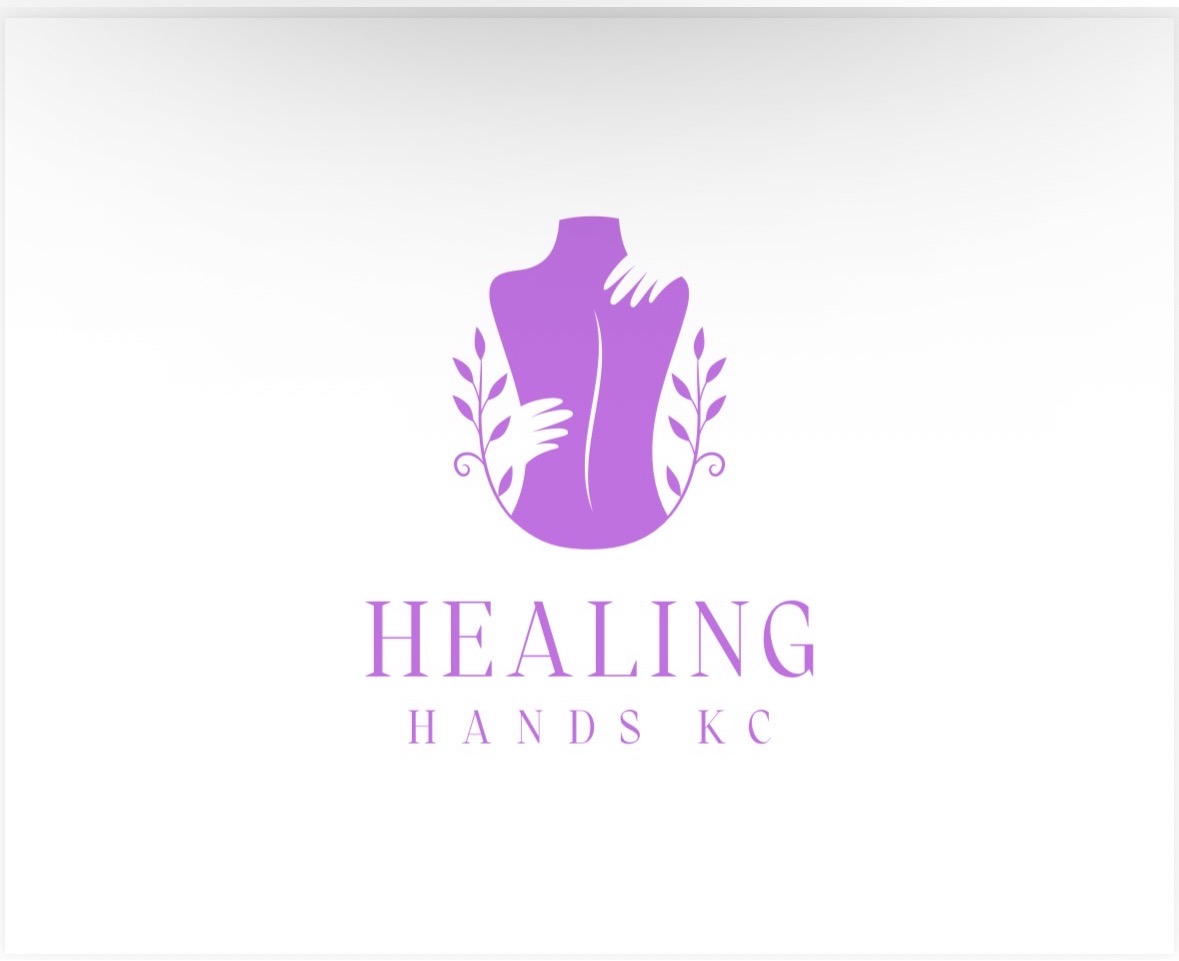 Logo with purple hands holding a mannequin torso, surrounded by leaves, and text reading 'Healing Hands KC'.