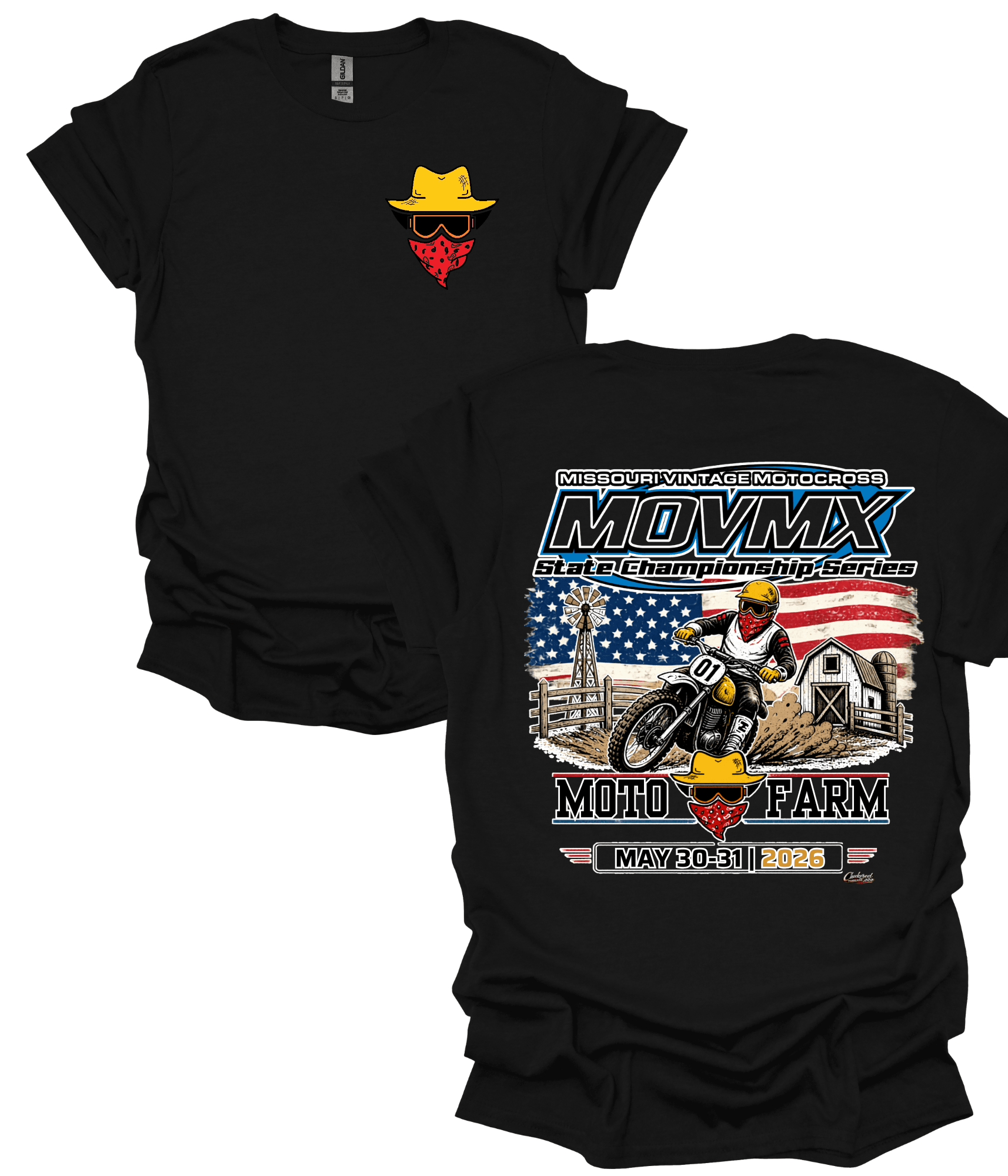 Black T-shirt with a yellow hat and red heart logo on front, and a detailed motorcycle and American flag design on back.