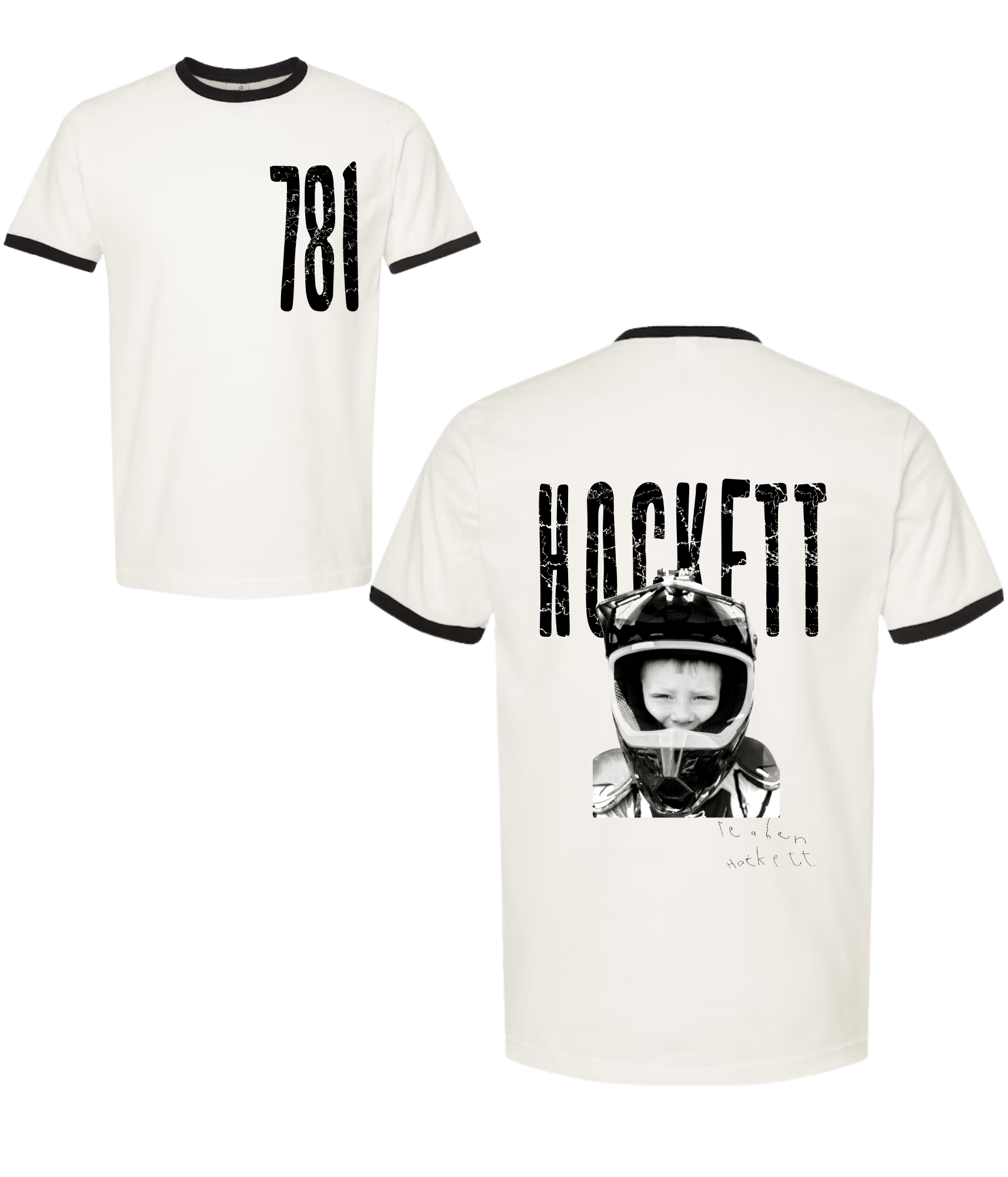 White T-shirt with black collar and sleeve trim, number 781 on front, and a graphic of a person wearing a helmet on back.