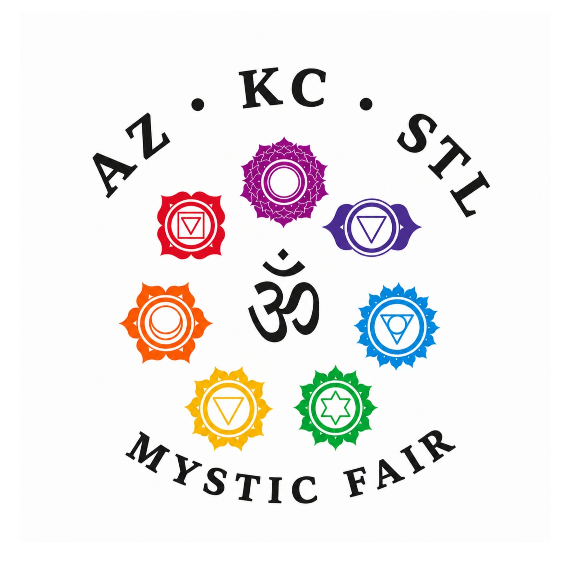 Circular logo with seven colorful symbols and text for a mystic fair event.