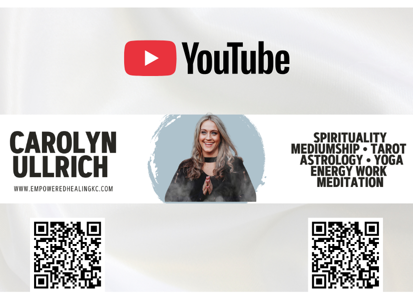Business card featuring YouTube logo, photo of a woman, and text about spirituality, mediumship, astrology, yoga, energy work, and meditation.