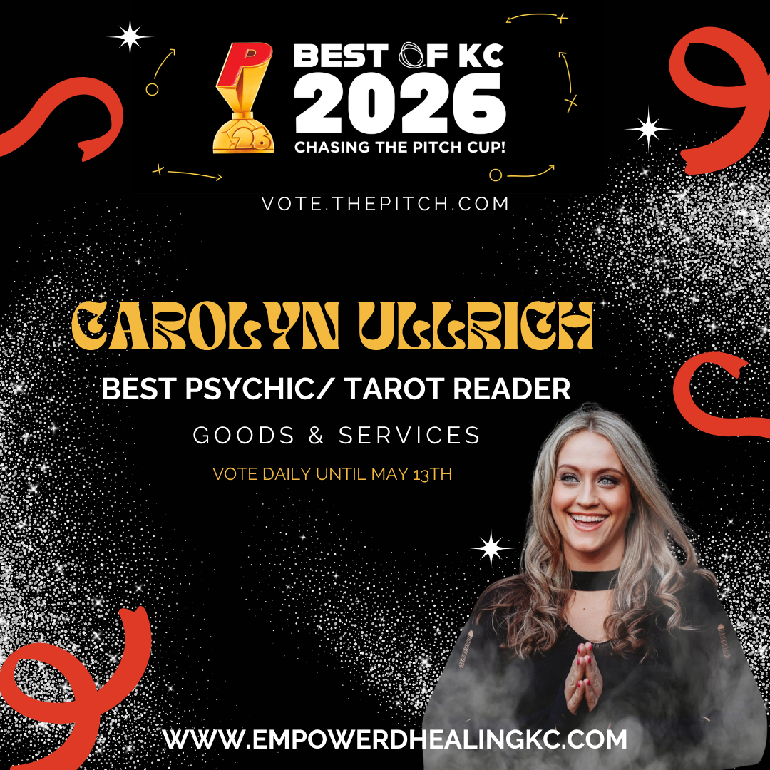 Woman smiling with hands together, text about a psychic/tarot reader contest, website links, and decorative elements.