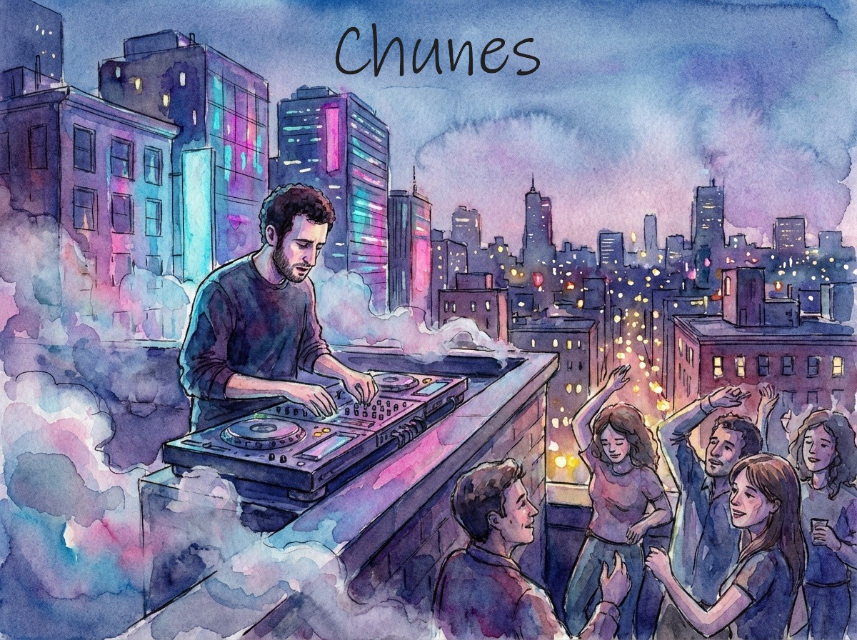 A man plays a keyboard on a rooftop with a city skyline at dusk, and a group of people watch and dance.