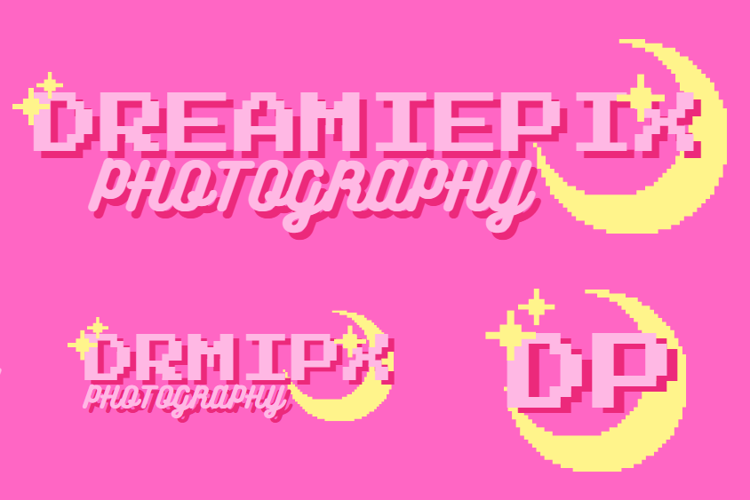 Pixelated text reading 'Dreamer Pix Photography' with a crescent moon and stars on a pink background.