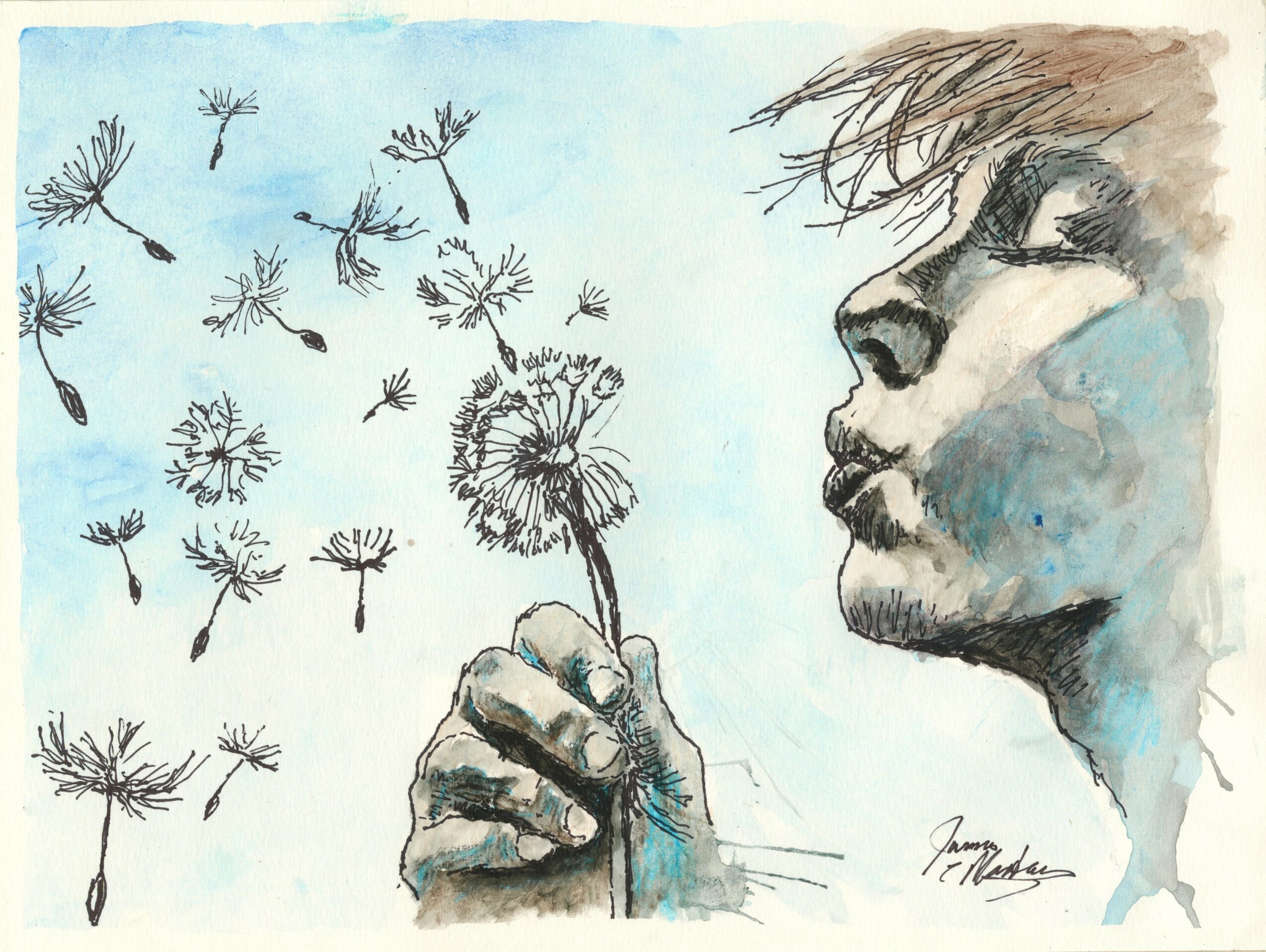 A woman blowing dandelion seeds into the air, with her face in profile and her hand holding the flower.