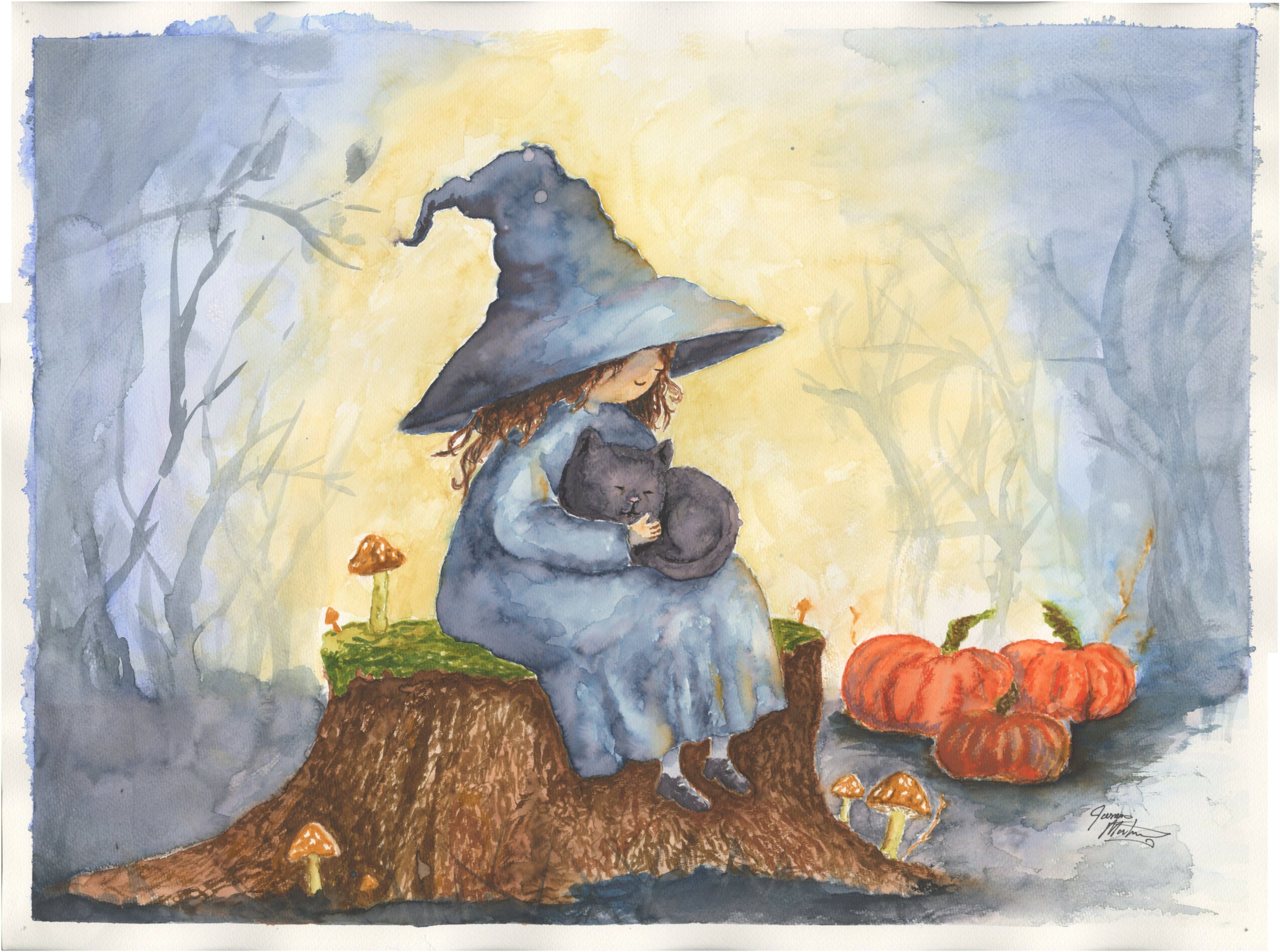 A witch in a blue dress and hat sits on a tree stump holding a black cat, with pumpkins nearby in a forest.
