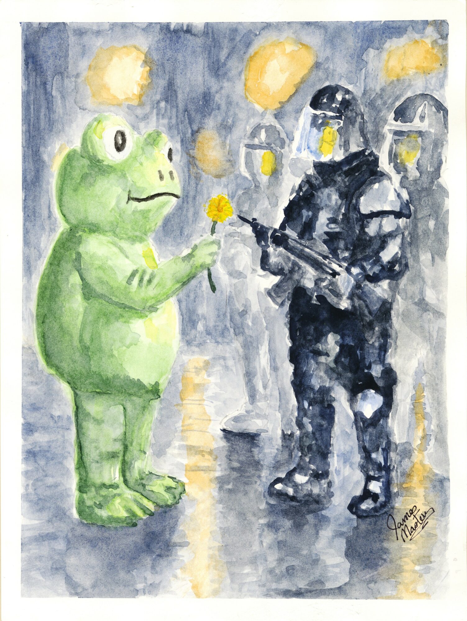 A green cartoon frog holding a yellow flower faces a soldier in riot gear, with a dark background and yellow lights.