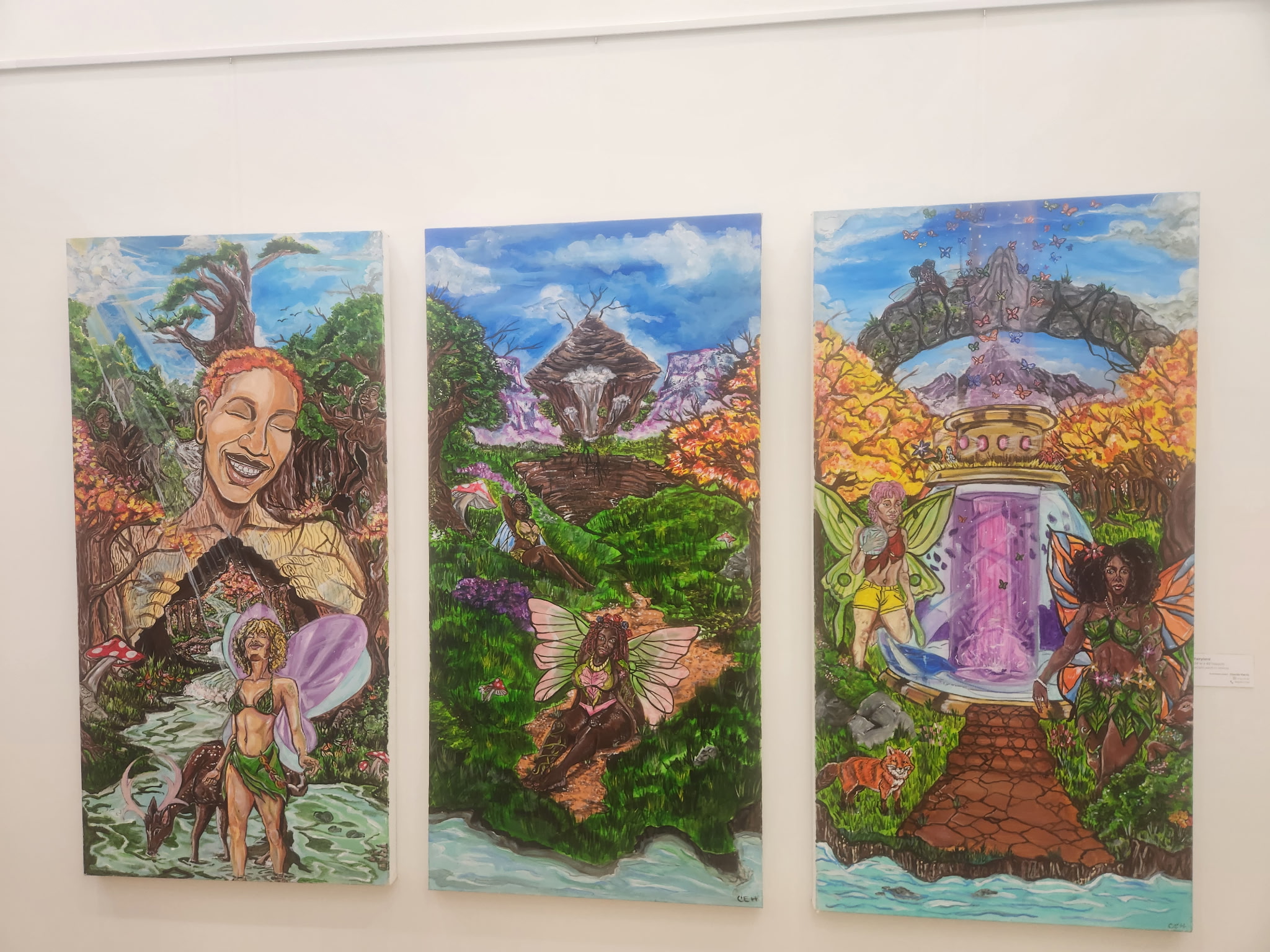 Three vertical panels depict a woman with long hair, a waterfall, and a garden with a fountain, trees, and flowers.