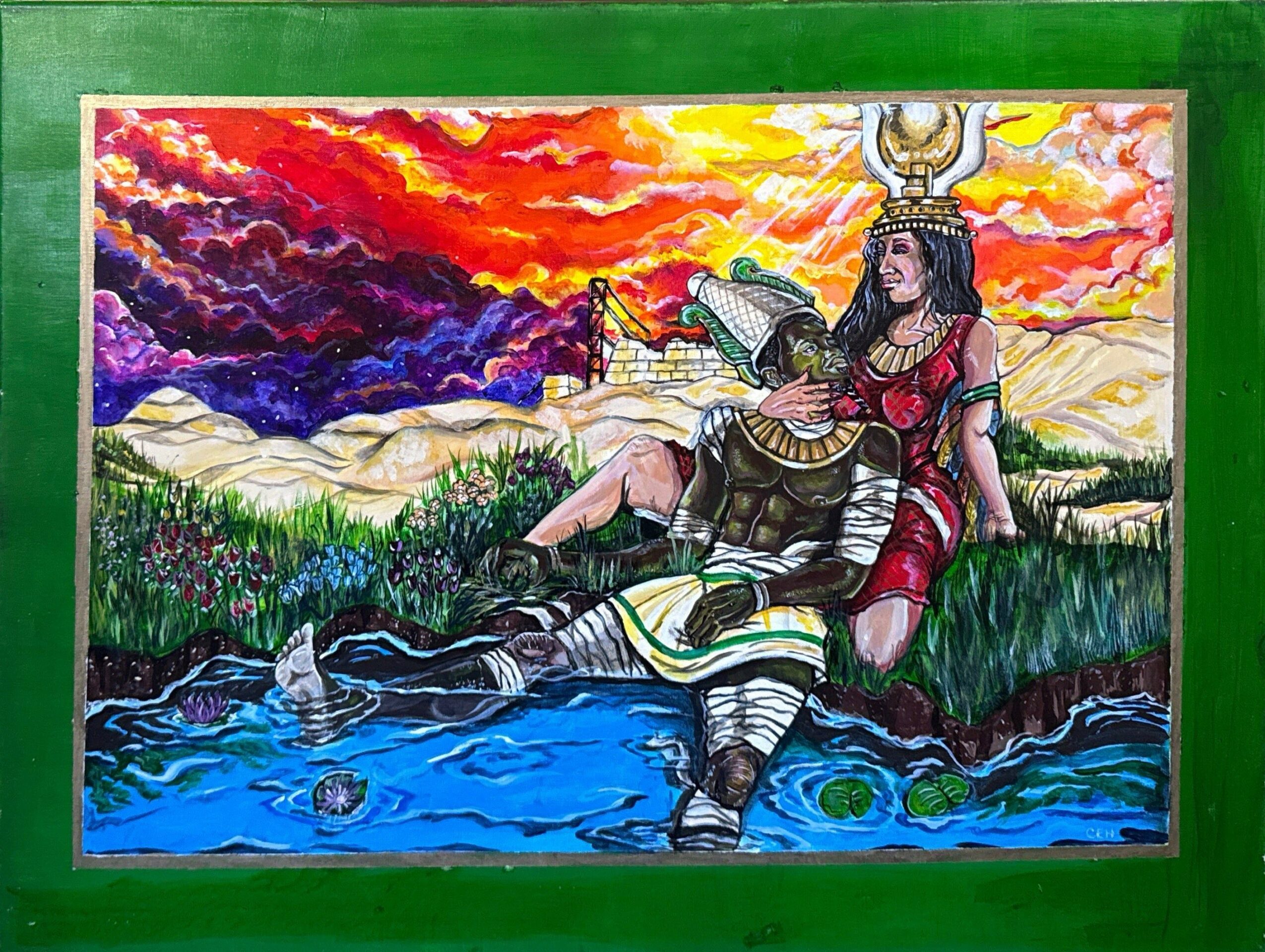 A colorful painting of a woman with a headdress sitting on a rock in a river, with a sunset sky and mountains in background.