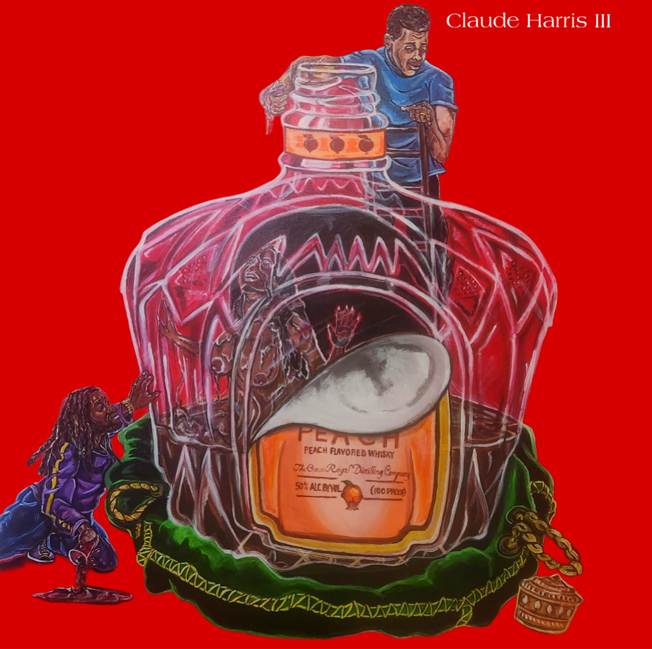 Illustration of a large perfume bottle with a man and two children around it, set against a red background.