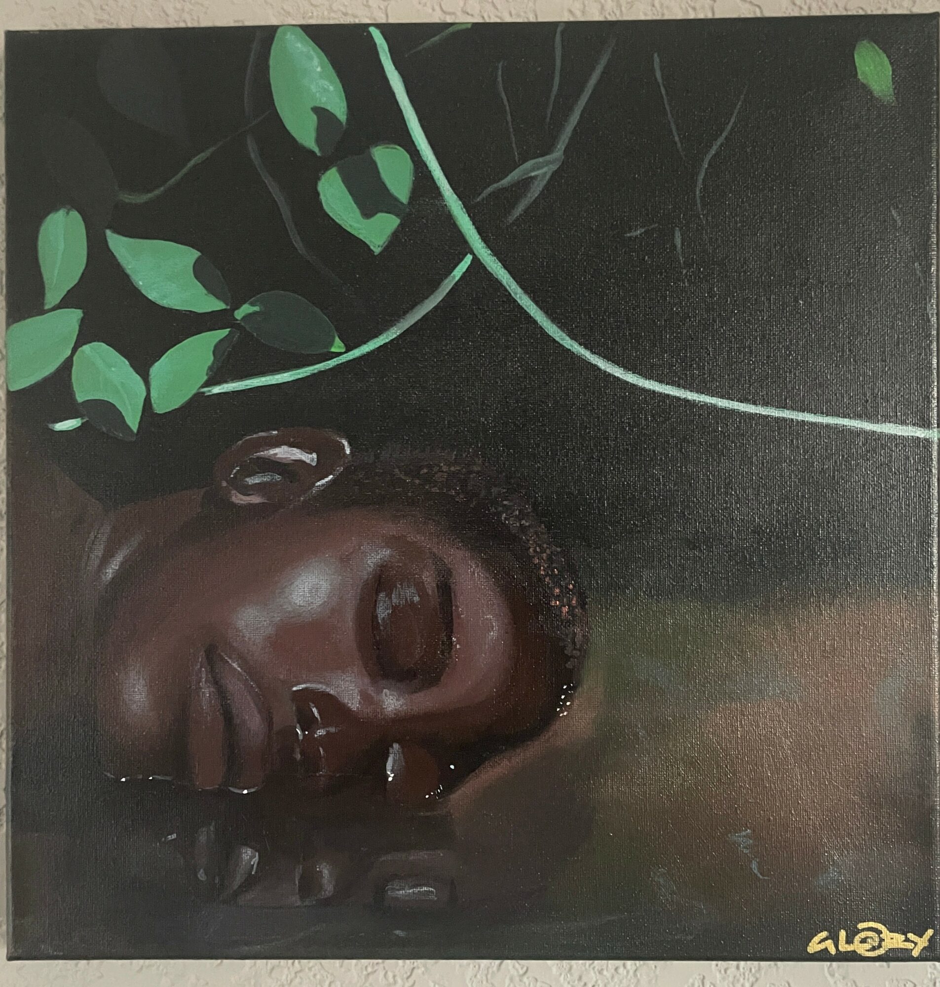 A painting of a person's face with closed eyes, surrounded by green leaves and vines, against a dark background.