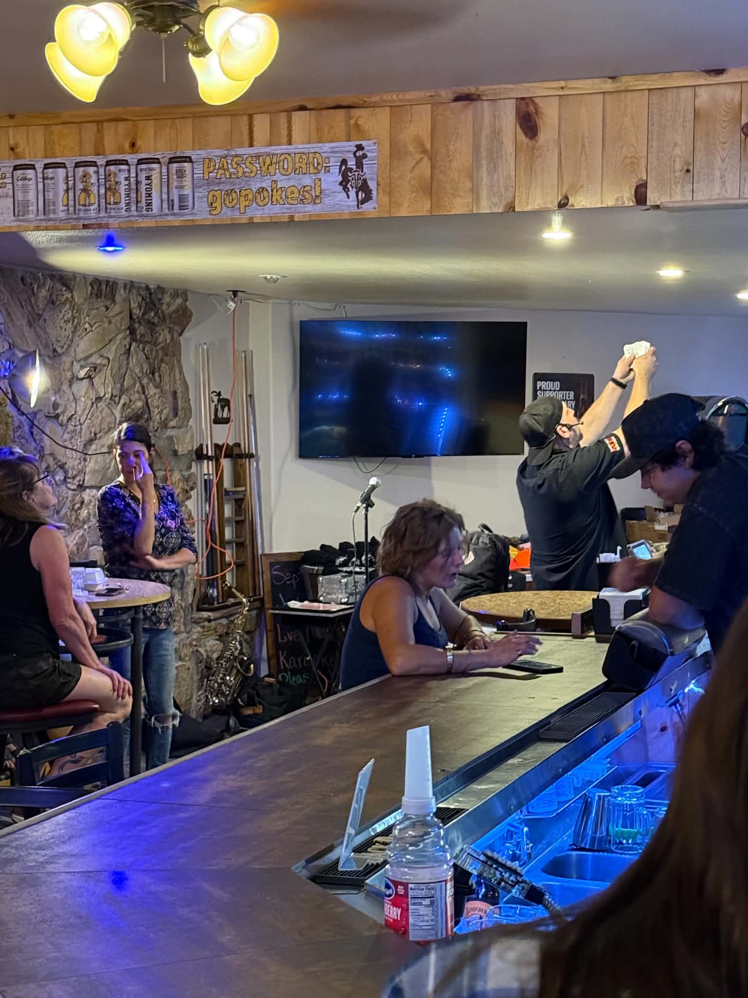 People in a bar with a wooden wall, a TV, and a bartender raising a glass, with others sitting and standing.