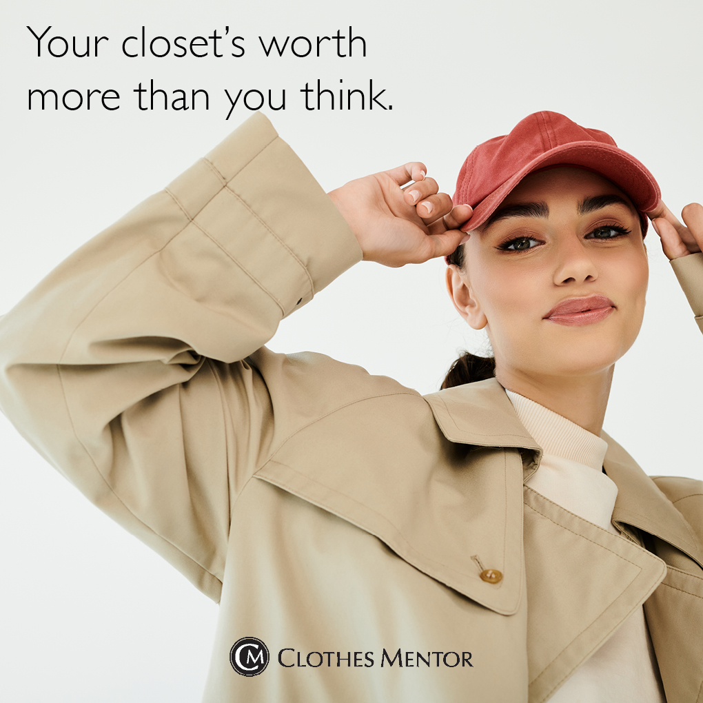 Young woman wearing a beige jacket and red cap, smiling, with text about self-worth and a logo at the bottom.