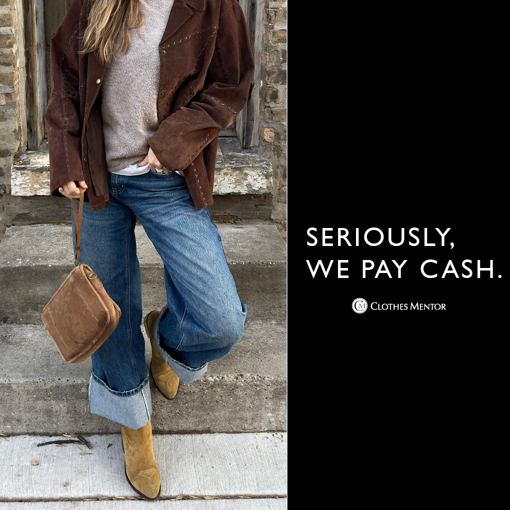 Person standing outdoors wearing jeans, a brown jacket, yellow boots, holding a brown bag, with a black background and white text.