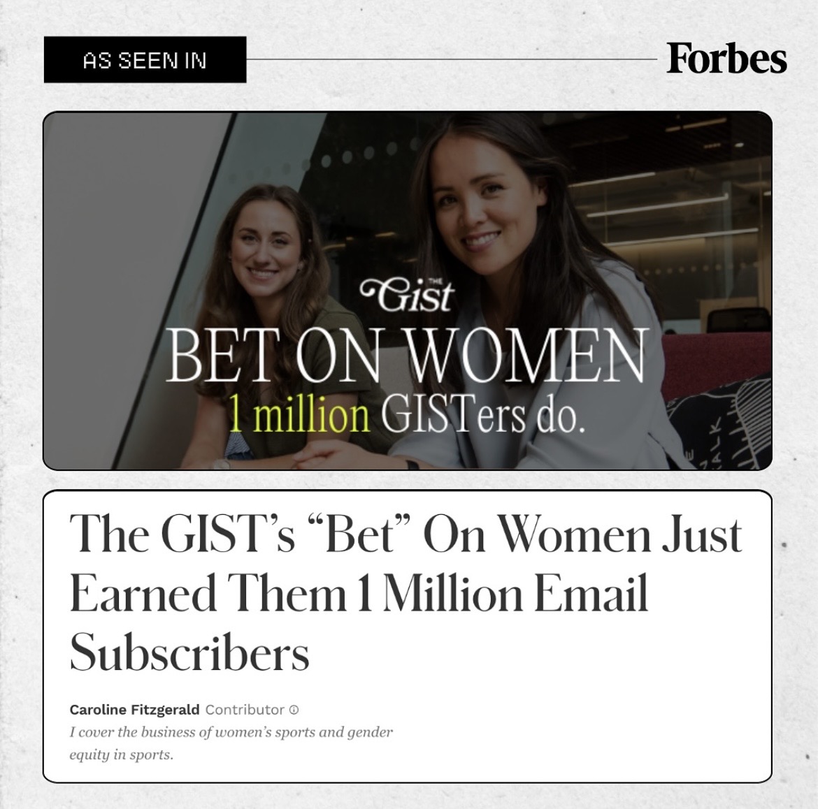 Two women smiling, sitting in a modern setting, with overlay text about betting on women and email subscribers, 20 words.