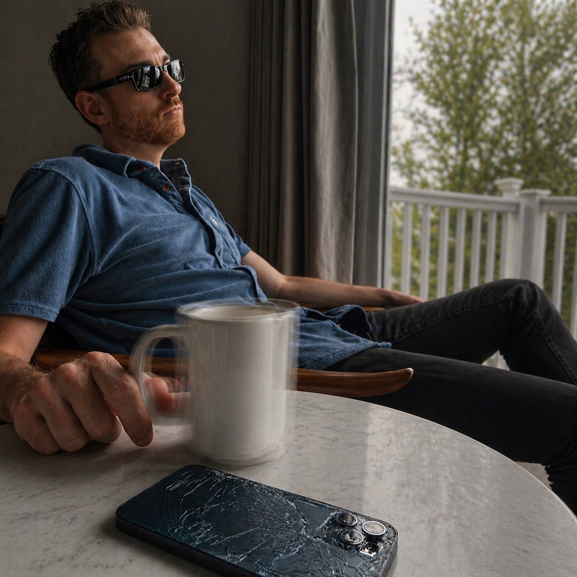 Man with sunglasses sitting by window, holding a mug, with a cracked phone on table, outdoor view with trees in background.