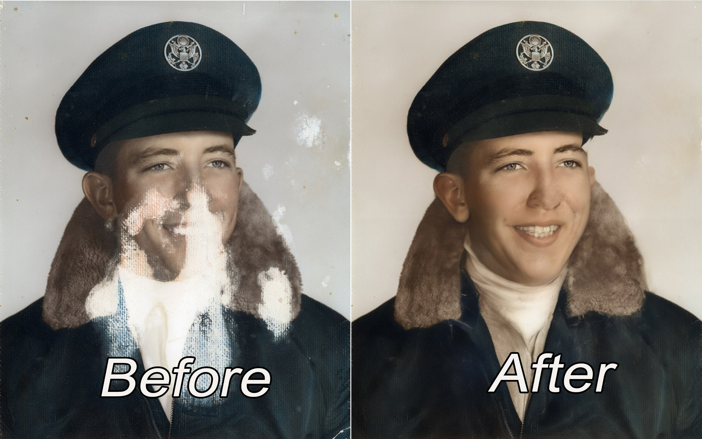Side-by-side photos of a woman in a uniform, labeled 'Before' and 'After', showing restoration of a damaged photo.