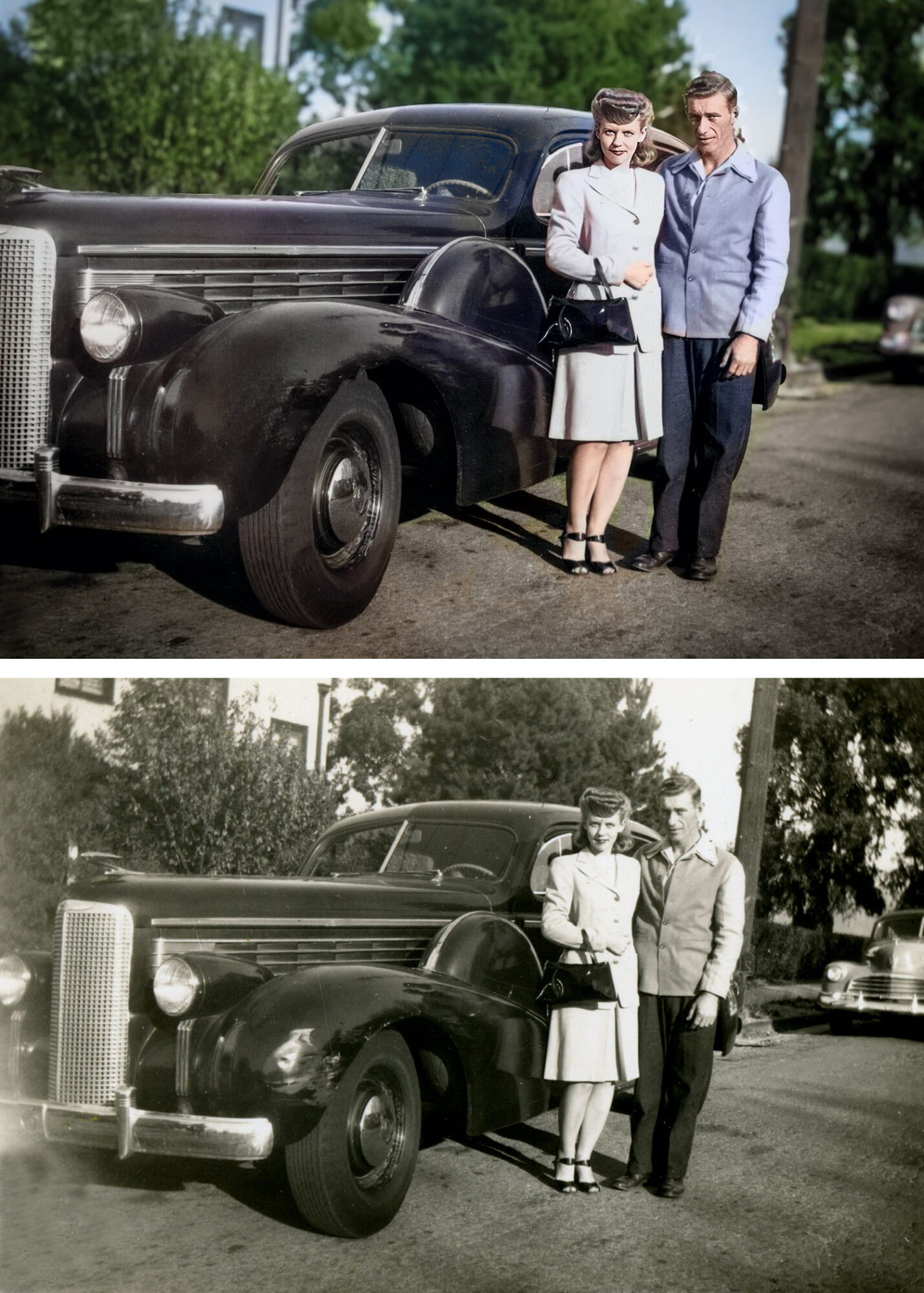 Two people stand beside a vintage black car outdoors, with trees and other cars in the background.