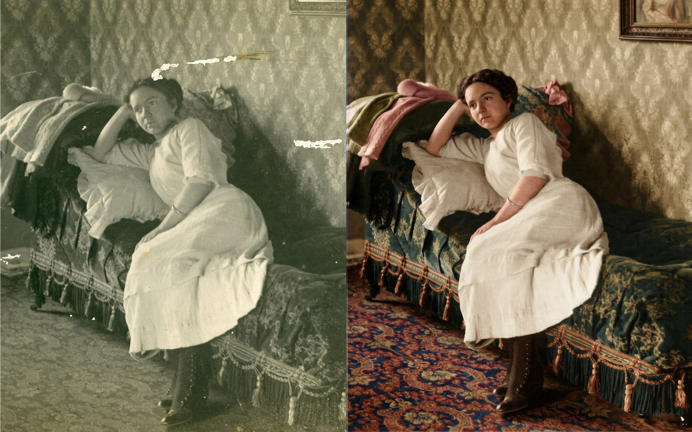 Woman sitting on a bed with patterned wallpaper and a carpet, wearing a white dress, in a vintage room.